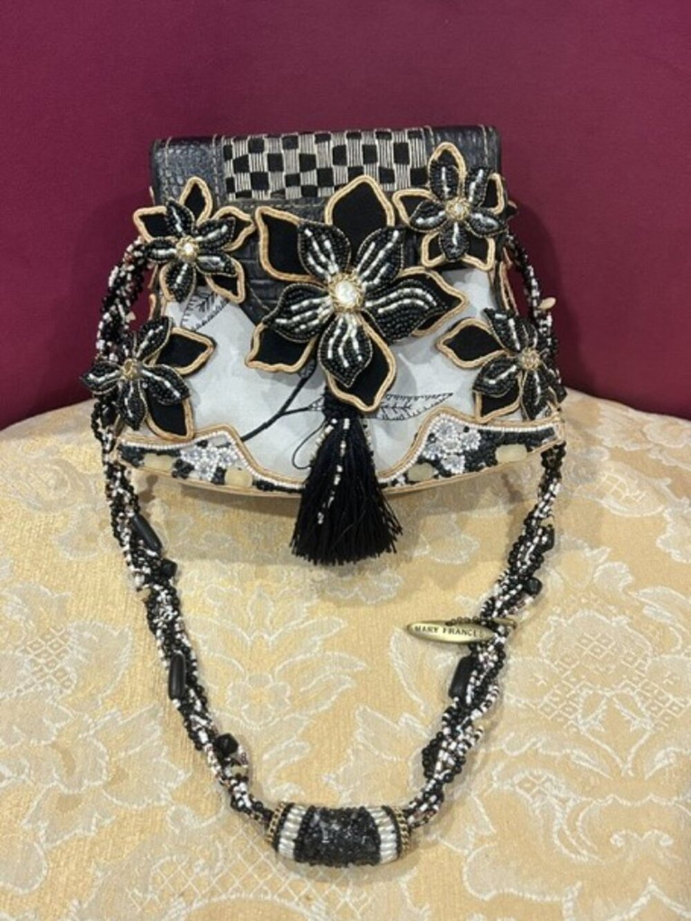 MARY FRANCES Foral Beaded Black White Gold BOX Shoulder Bag PURSE